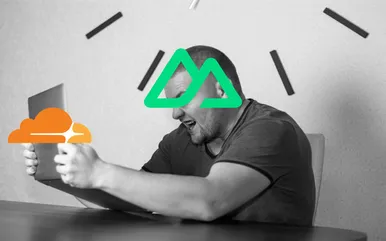 Man representing Nuxt shaking laptop representing Cloudflare