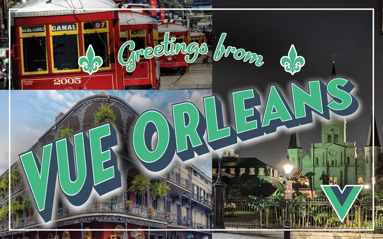 A vintage postcard that reads "Greetings from Vue Orleans"